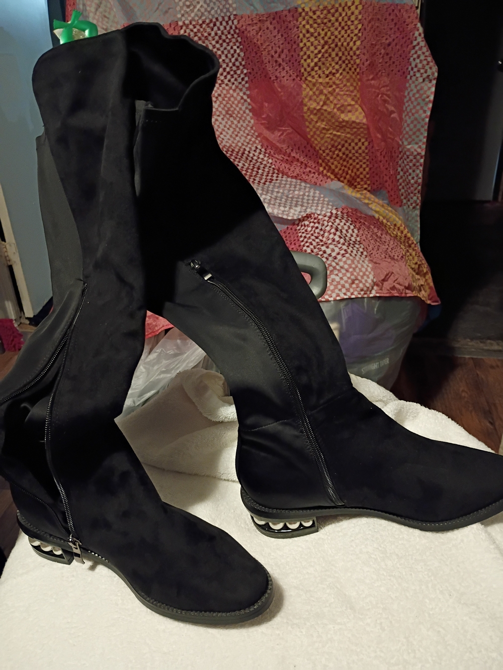 Hot Kiss Black Over-the-Knee Zip Boots with Metallic Accent Heel